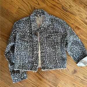 Free People Cropped Leopard Print Denim Jacket